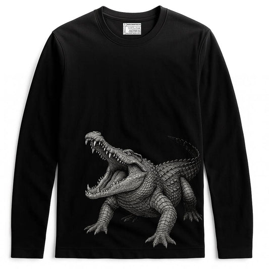 Sundarban Crocodile Tee - Wildlife T-Shirt in black with fierce crocodile graphic on premium cotton, full sleeves for unisex wear.