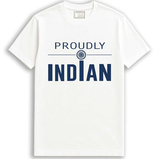 Proudly Indian unisex patriotic graphic T-shirt in white with bold navy text and Ashoka Chakra design, made from 100% cotton for durability.