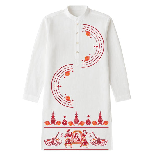 Bodhu Boron wedding kurta in premium cotton featuring red Palki, Shankh, and Kalash motifs on white fabric. Ideal for traditional Bengali weddings.