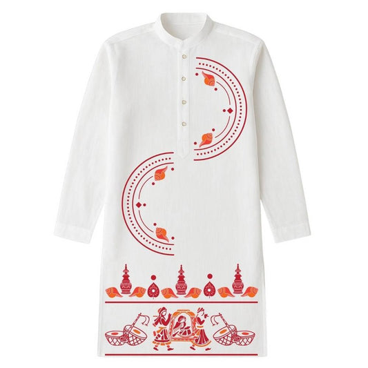 Bodhu Boron wedding kurta in premium cotton featuring red Palki, Shankh, and Kalash motifs on white fabric. Ideal for traditional Bengali weddings.