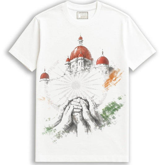 Hands of Unity - India Tshirt featuring a patriotic graphic of joined hands, Ashoka Chakra, and Indian monument on a white 100% cotton unisex tee.