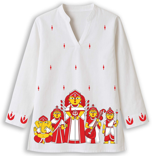 Durga Puja kurti front view — Pattachitra-style Maa Durga with Ganesh, Lakshmi, Saraswati and Kartik printed on a white cotton short kurti for women, with red lotus-bud butis and lotus cuffs, by Smarteez
