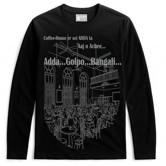 Coffee House T-Shirt - Song Inspired | Bengali Full Sleeves tee featuring nostalgic adda scene with typography from iconic Bengali song.