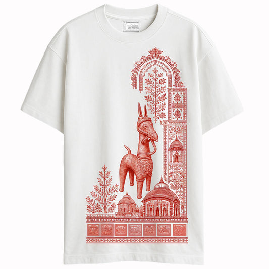 Mallabhum Heritage Bankura Horse oversized T-shirt on white cotton — GI-tagged terracotta horse motif with Bishnupur temple architecture print
