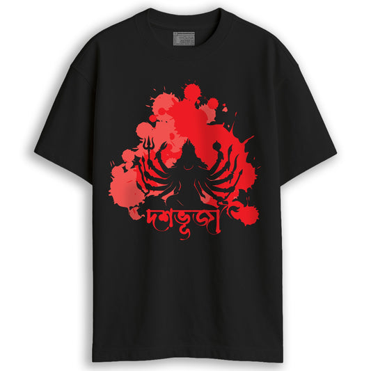 Dashabhuja Durga Puja oversized T-shirt front view — ten-armed Maa Durga red ink-style art on cotton