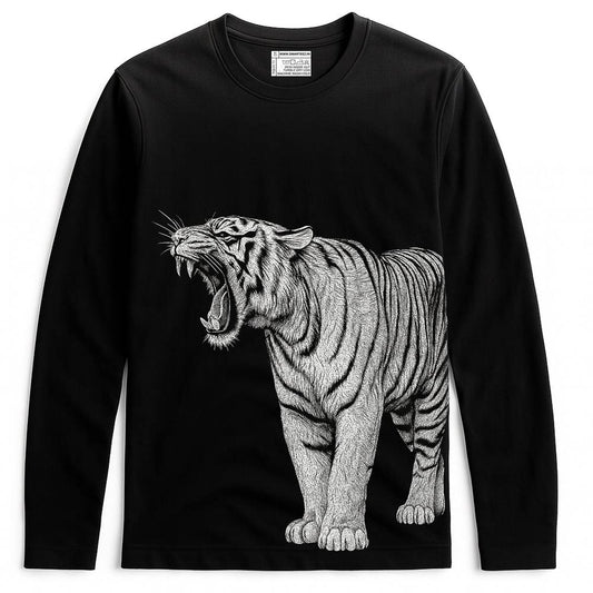 Bengal Tiger T-Shirt - Unisex Design with roaring tiger graphic on black full sleeves cotton fabric, ideal for wildlife lovers and winter wear.