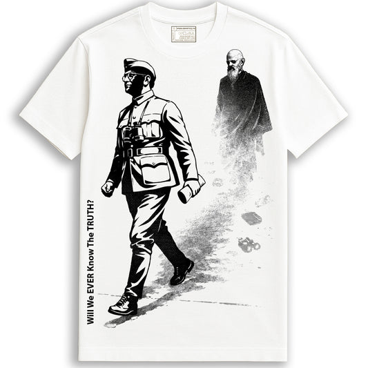 Will We Ever Know – Netaji T-shirt in white featuring bold black graphic of Subhas Chandra Bose and a fading monk, 100% cotton unisex fit.