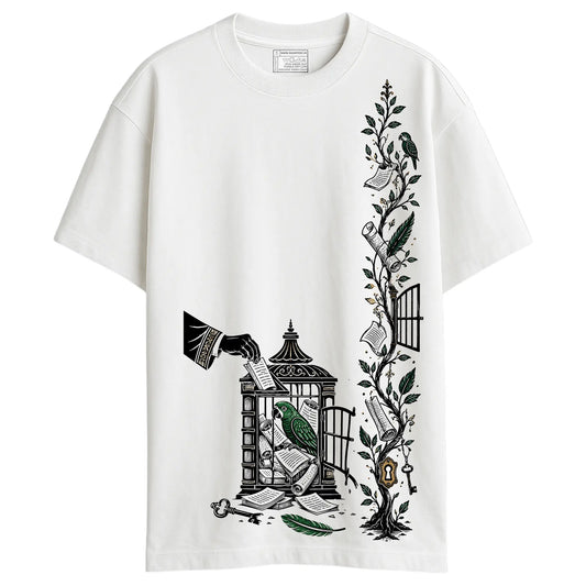 White Totakahini oversized T-shirt featuring Rabindranath Tagore's caged parrot satire, ink-style illustration in unisex cotton fit.