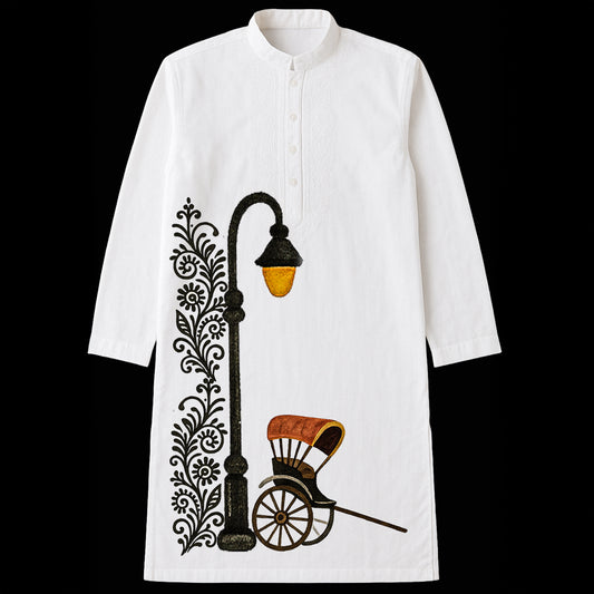 Vintage Kolkata Kurta for Men in white with hand-pulled rickshaw and street lamp design, traditional Panjabi style for cultural wear.