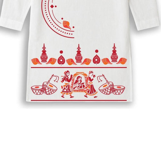 Close-up of Bodhu Boron kurta's lower panel showcasing intricate red cultural motifs like dhol, palki, and dancers, printed on breathable cotton.