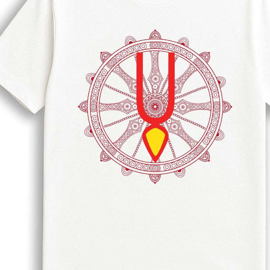 White cotton T-shirt with spiritual wheel and Tilak design for Rath Yatra