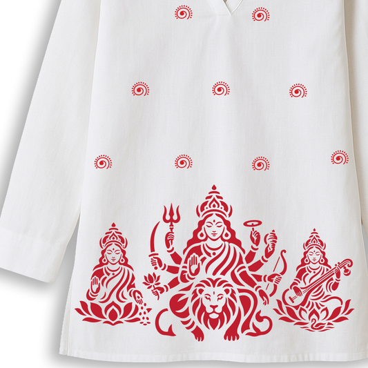 Trishakti - Durga, Lakshmi & Saraswati Print on White Cotton Short Kurti for Women