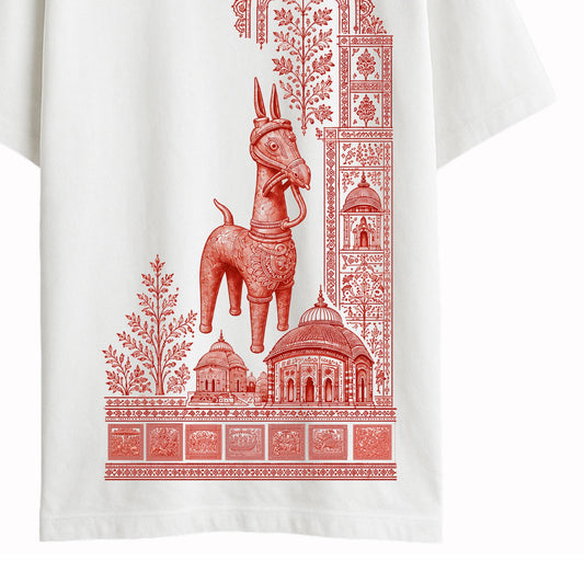 Close-up of Bankura Horse terracotta print detail on Mallabhum Heritage oversized tee, showing temple arch, narrative frieze panels and ornamental border