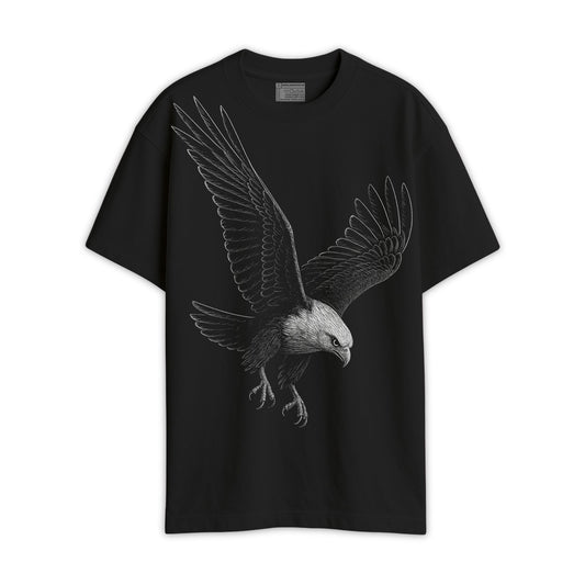 Eagle Strike T-Shirt - Eagle tshirt | Oversized, unisex, streetwear in black featuring a bold white eagle graphic on front, ideal for sports fans.