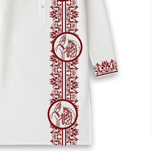 Subho Drishti Wedding Kurta in premium cotton featuring traditional Bengali bride and groom motifs with intricate red embroidery on white fabric.