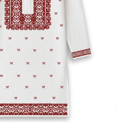 Utsav Buti Kurta in white cotton with red Bengali style print, ideal for weddings and festive occasions. Traditional Panjabi design for men.