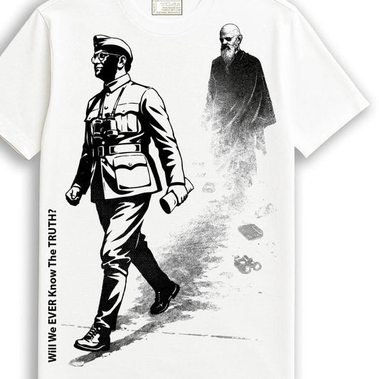 Will We Ever Know β Netaji T-shirt in 100% cotton featuring bold black graphic of Subhas Chandra Bose and a mysterious figure, unisex fit tee.
