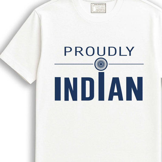 Proudly Indian unisex patriotic graphic T-shirt in white cotton with bold navy text and Ashoka Chakra design, ideal for national pride wear.