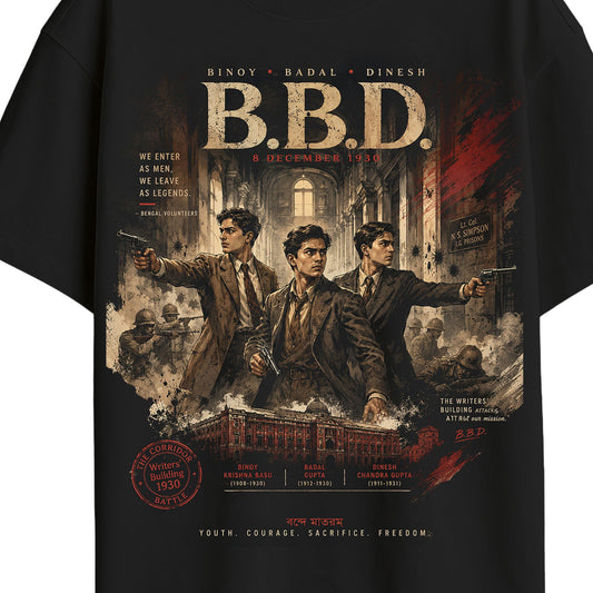 Close-up of B.B.D. tribute tee print detail showing Binoy, Badal, Dinesh portrait illustration, Writers' Building corridor scene, and name plaques with dates
