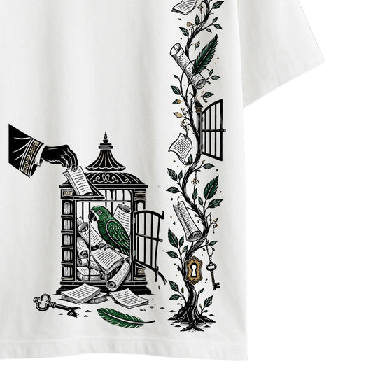 Close-up of Totakahini caged parrot illustration on white oversized T-shirt, inspired by Rabindranath Tagore's satire on rote education.