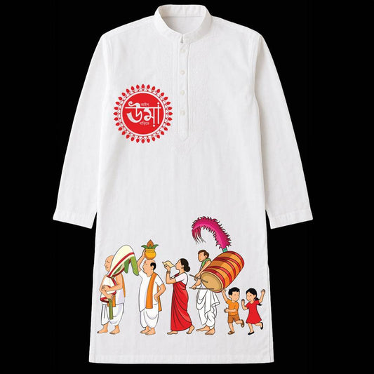 Men's white kurta with Nabapatrika Snan theme, adorned with colorful Bengali festive illustrations, part of matching couple ethnic set.