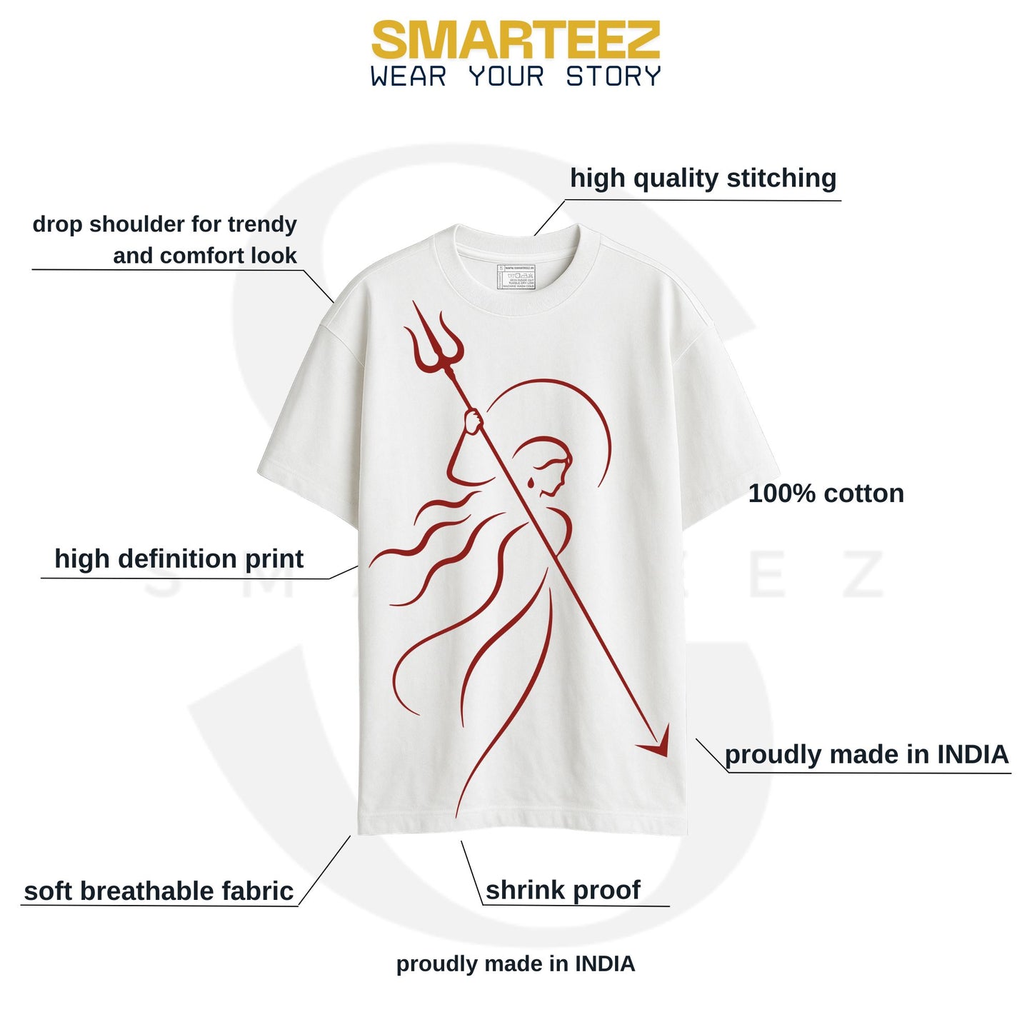 Smarteez Ma Durga Durga Puja 2026 oversized T-shirt product detail — minimalist Goddess silhouette print, white unisex tee