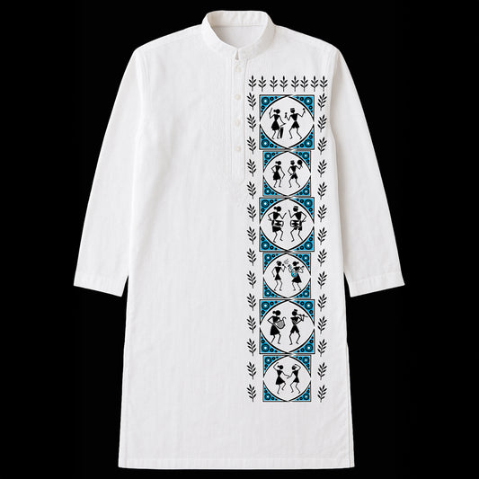 Nritya Kurta for Men with Warli folk art print in black and blue on white cotton fabric. Traditional design, perfect for festive or casual wear.