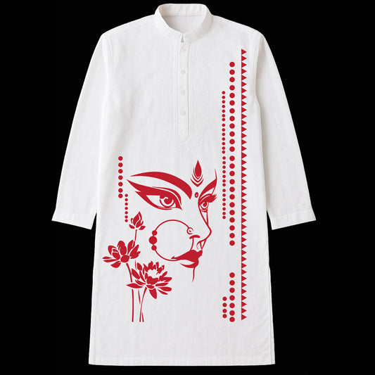 Devi Durga Kurta for Men in white cotton featuring a bold red Durga face print with lotus motifs. Ideal for festive and spiritual occasions.