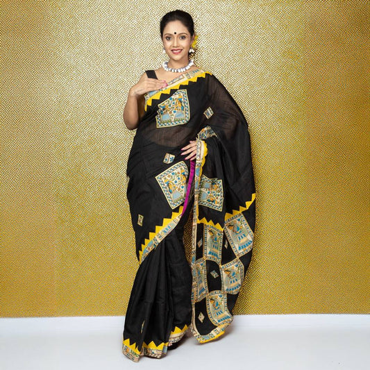 Pure cotton Heritage Bangaliyana Appliqué Saree featuring hand-stitched Bengali art panels and zigzag yellow edging, ideal for cultural events.