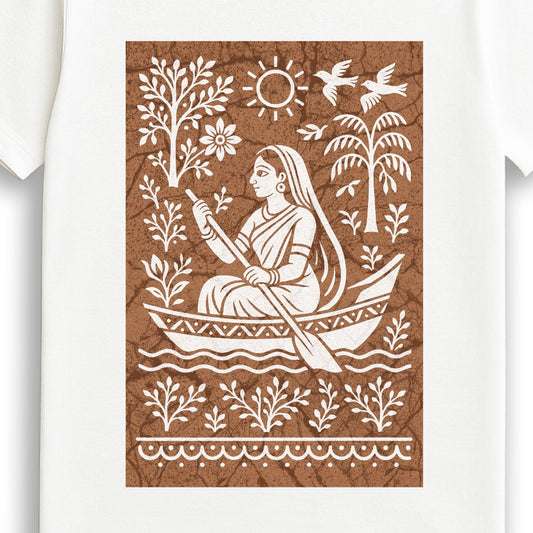 Bengali Boatwoman T-Shirt – Batik Style Folk Art on Cotton