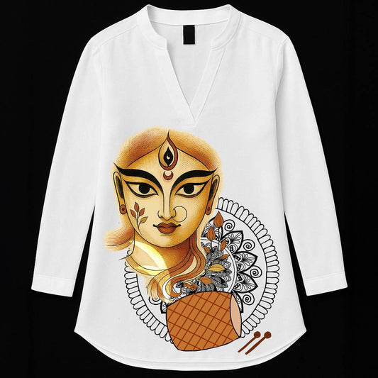 Bengali Festive Artwork Kurti for Women featuring Durga Puja goddess illustration in gold and black on white cotton fabric. Ideal for cultural events.