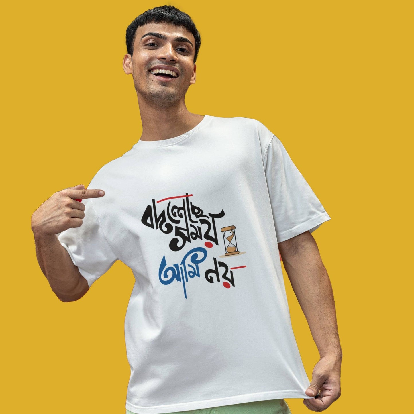 Bodleche Somoy T-Shirt featuring bold Bengali typography and an hourglass graphic on premium cotton fabric. Oversized unisex fit for a trendy look.