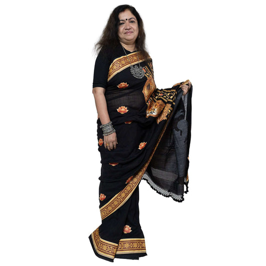 Black Buddha Jataka Tales inspired saree with traditional Buddhist motifs