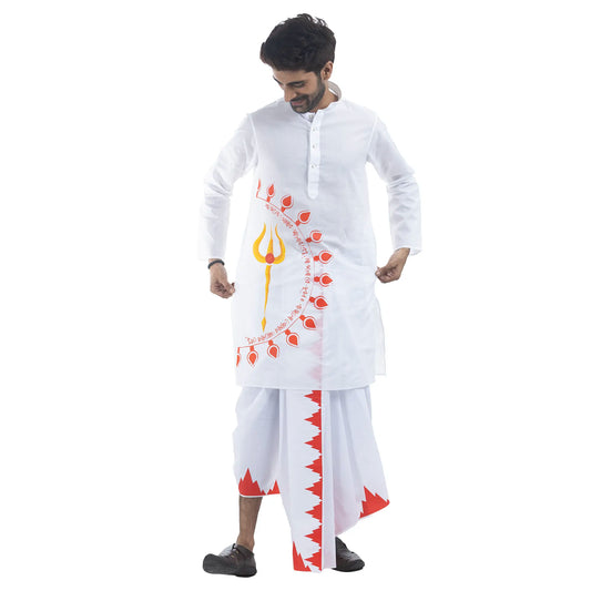 Durga Puja Debi panjabi for men, white cotton with Maa Durga trishul and Mahalaya invocation print