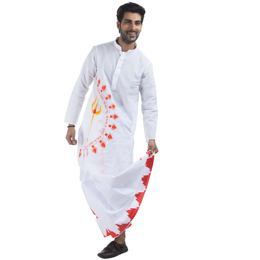 Durga Puja Debi panjabi with traditional Bengali dhuti, white cotton with trishul print and flame-edged border