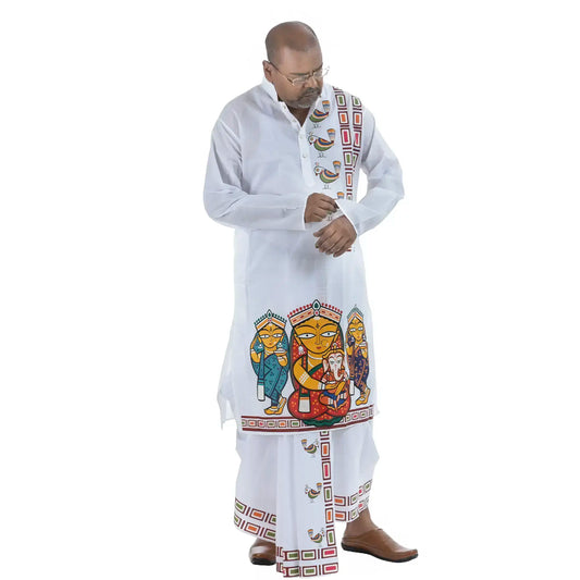 Men's white cotton panjabi with Jamini Roy style Maa Durga & her family folk art print, peacock motifs, and geometric border
