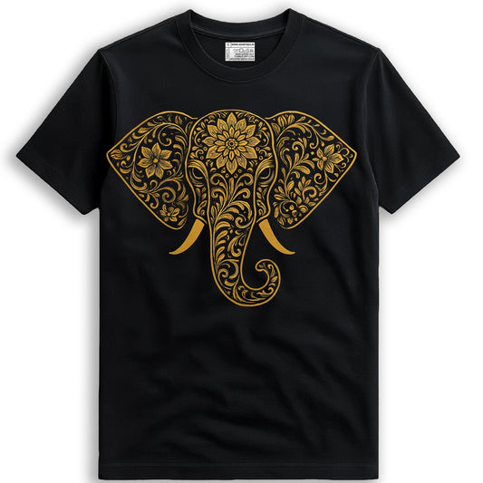 Elephant Print T-Shirt – Intricate Gold Design on Classic Black