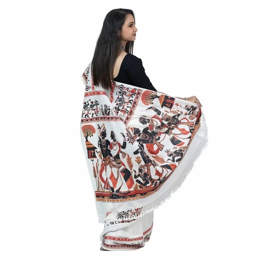 Folk Dance Patachitra Saree — Tribal Festival Art on Handloom Khadi Cotton