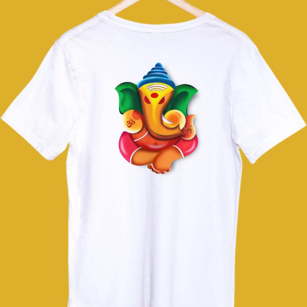 A white unisex T-shirt with a printed design of Lord Ganesha, the elephant-headed deity, on the front.