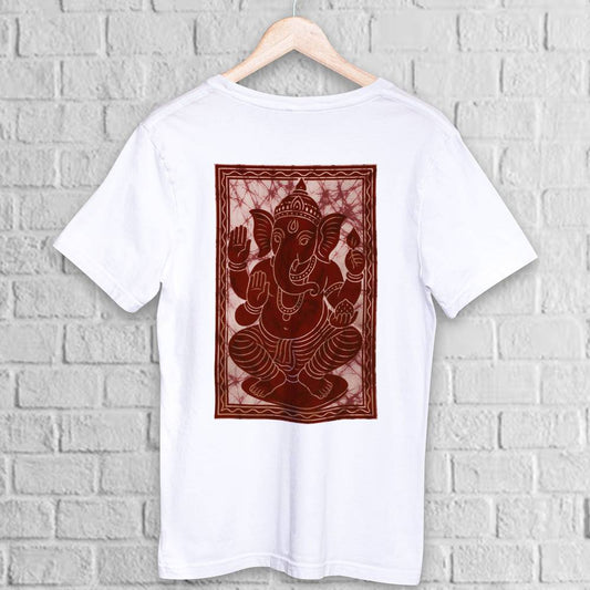 Lord Ganesha T-Shirt in Batik style featuring a detailed maroon print on white cotton fabric. Unisex spiritual wear ideal for cultural events.