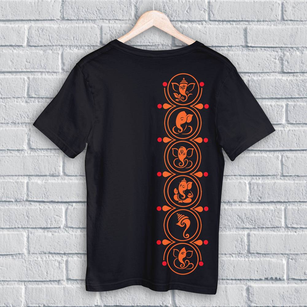 Ganpati T Shirt - Minimal Ganesha Motifs in black with vertical orange Ganesha symbols on back. 100% cotton, regular fit for spiritual style.