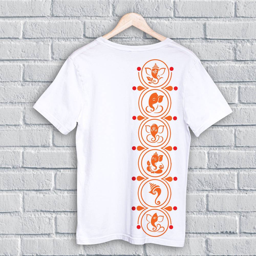 Ganpati T Shirt - Minimal Ganesha Motifs in orange and red on white cotton fabric, featuring vertical spiritual artwork on the back. Ideal for cultural and religious wear.