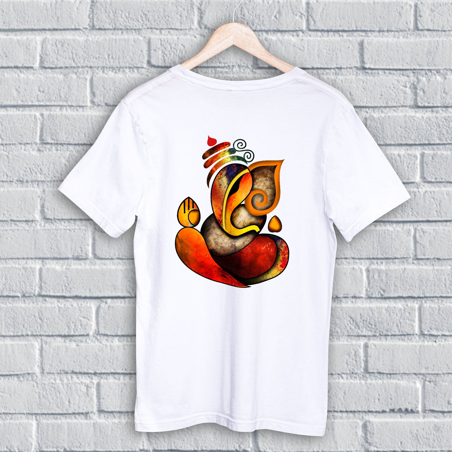 Ganpati T Shirt - Abstract Pose in vibrant red and orange tones on white cotton fabric, featuring Lord Ganesha in a blessing pose. Regular fit tee ideal for cultural and spiritual wear.