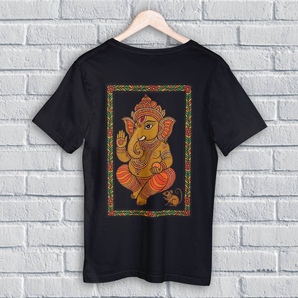 Black Ganpati T Shirt with vibrant Mithila art Ganesha print, crafted in breathable cotton. Perfect for cultural and religious occasions.