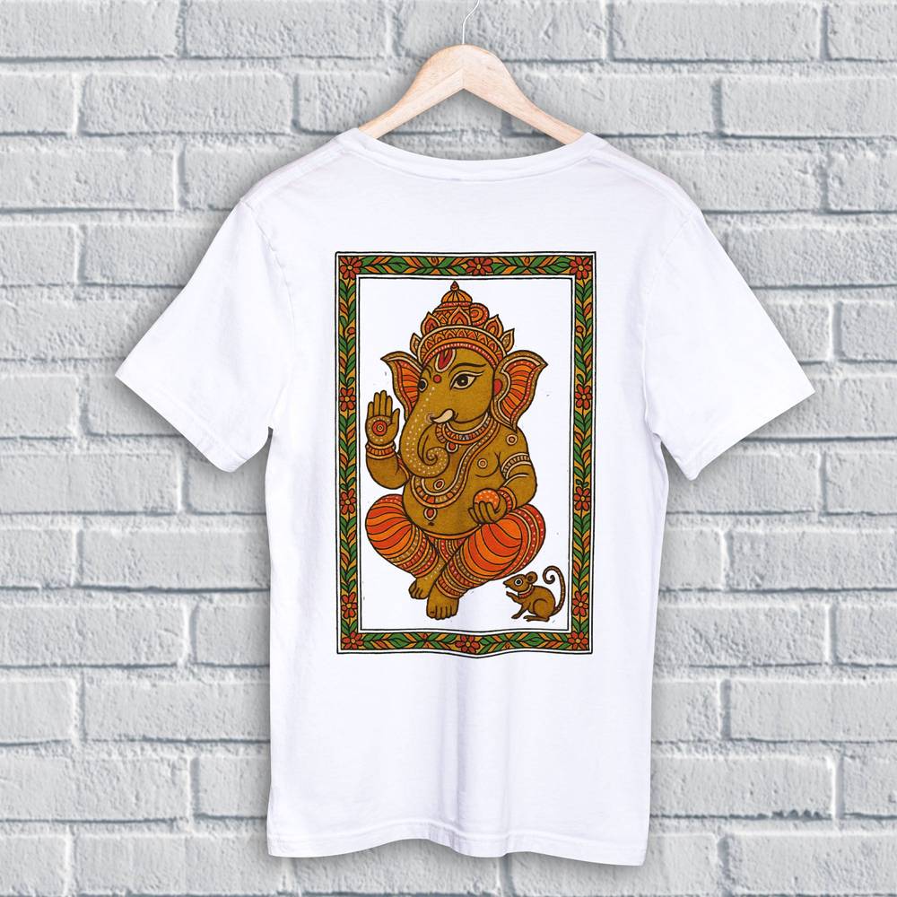 White Ganpati T Shirt featuring Mithila folk art style Lord Ganesha design, ideal for festive wear. Made from soft cotton in regular fit.