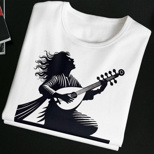 Gayak T-Shirt featuring a bold black graphic of a musician playing a string instrument. Unisex, soft cotton tee perfect for music lovers.