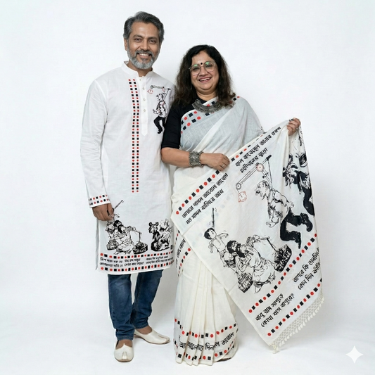 Sukumar Ray Abol Tabol Saree and Panjabi worn by models