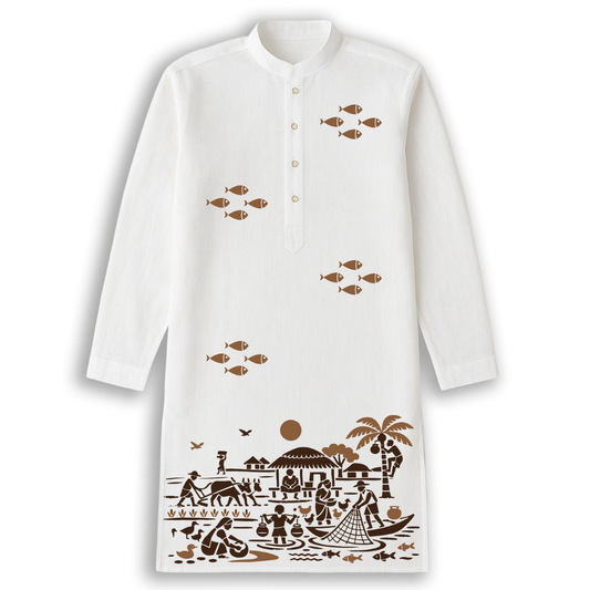 Gram Bangla Rural Life Print White Cotton Panjabi
