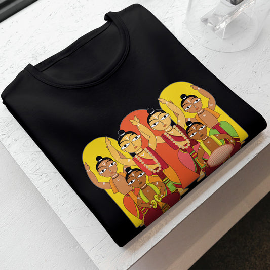 Unisex Hare Krishna Black T-Shirt featuring a vibrant Sankirtan design inspired by Gaudiya Vaishnav culture. Made from soft, durable 100% cotton fabric.