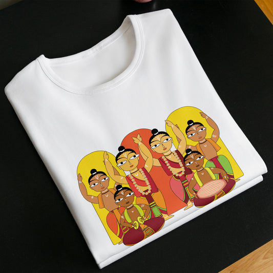 Unisex Hare Krishna White T-Shirt featuring a vibrant Sankirtan design inspired by Gaudiya Vaishnav culture. Made from soft, durable 100% cotton fabric.